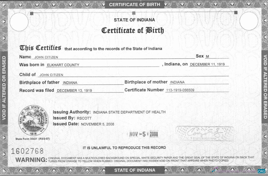 Download United States Indiana State Department of Health birth certificate Photoshop template